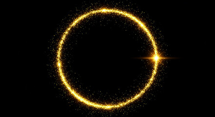 A radiant golden ring of light gracefully illuminates the darkness, forming a captivating celestial halo with a brilliant, sparkling point of luminescence.