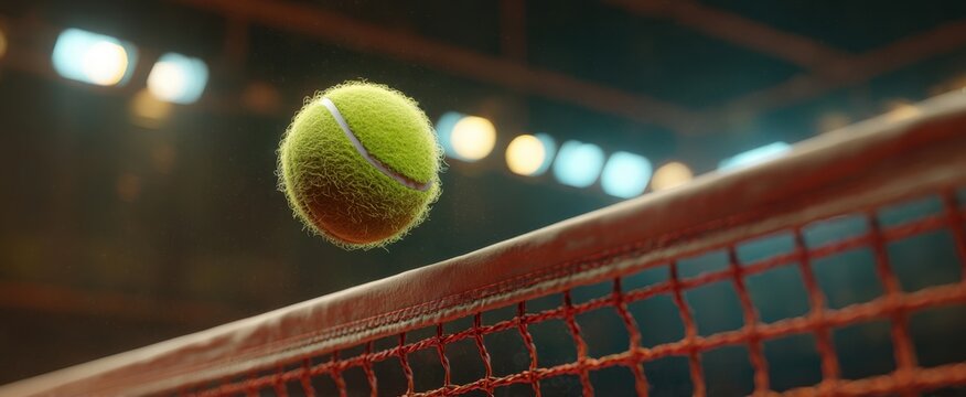 The tennis ball in mid-air over the net during an exhilarating game.