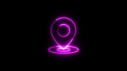 Glowing light neon pink color location icon animation road direction sign navigation map position pointer address tracking travel searching place sign symbol on black background - Powered by Adobe