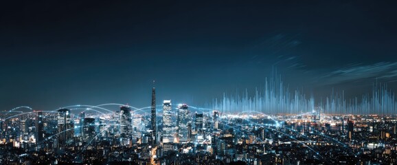 Night city skyline overlaid with digital data visualizations