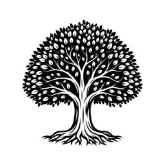 Elegant Black and White Tree Silhouette with Detailed Leaves and Roots.