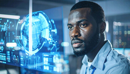 Focused Male Cybersecurity Analyst Monitoring for Threats on a Futuristic Interface in a Security Operations Center.