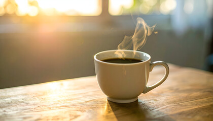 Obraz premium Warm Coffee in White Mug on Wooden Table at Sunrise