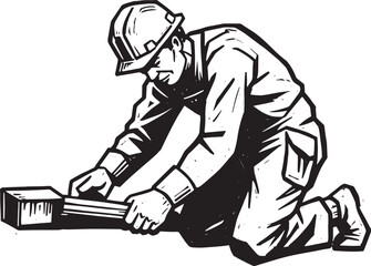 Fototapeta premium Woodcut Style Illustration of Construction Worker Inspecting a M