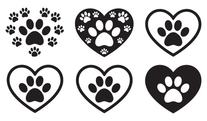 Pet Paw Print Heart Vector Icons Set – Animal Love Symbol Silhouette Design © Rakib Rakib