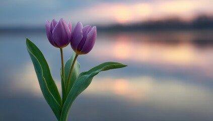 Two purple tulips stand against a tranquil sunset over water