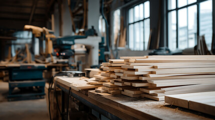A stack of wooden planks lying on a wooden workbench in a lumber warehouse for construction
