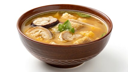 Golden broth in a traditional ceramic bowl garnished with vegetables and meat