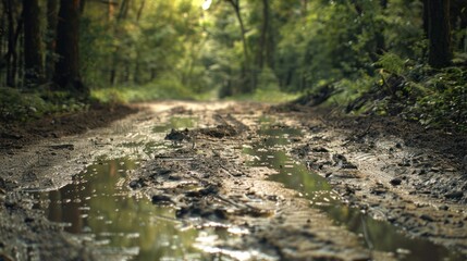 Puddles and Muddy Track Through Lush Forest Depicting Natural Outdoor Landscape