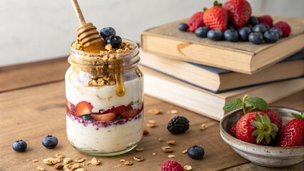 Delicious greek yogurt parfait layered with fresh berries and granola in a mason jar