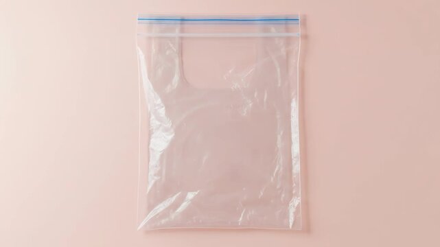 A clear, empty resealable plastic bag with a slight crease lies flat against a pale pink background.  Its top features a blue-striped zipper closure