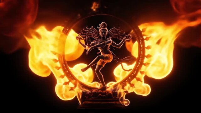 Dynamic Lord Shiva as Nataraja dances within a fiery halo, embodying cosmic creation and destruction in a mesmerizing, powerful performance of spiritual energy and divine power.
