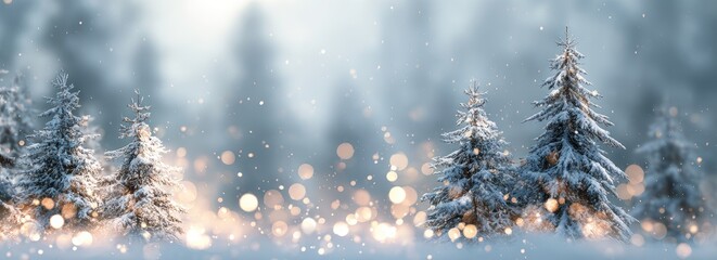 Snowy winter forest with frosted pine trees and glittering bokeh