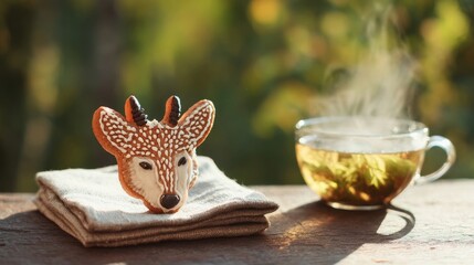 Fototapeta premium A deer-shaped cookie rests beside a steaming cup of tea on a wooden table,
