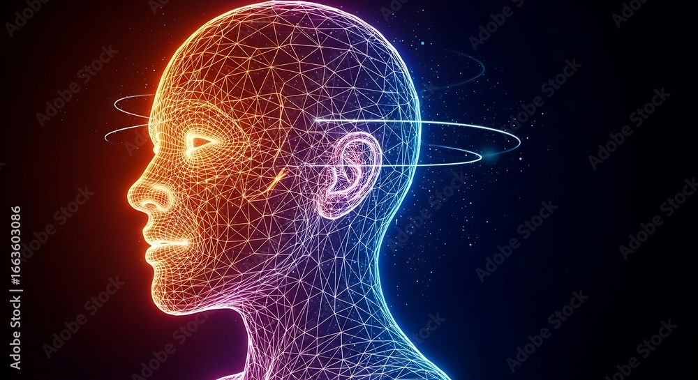 Aufkleber abstract wireframe head: digital connection, modern technology, artificial intelligence, neural netw