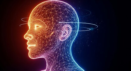 Abstract Wireframe Head: Digital Connection, Modern Technology, Artificial Intelligence, Neural Network, Communication, and Data Visualization on Dark Background.