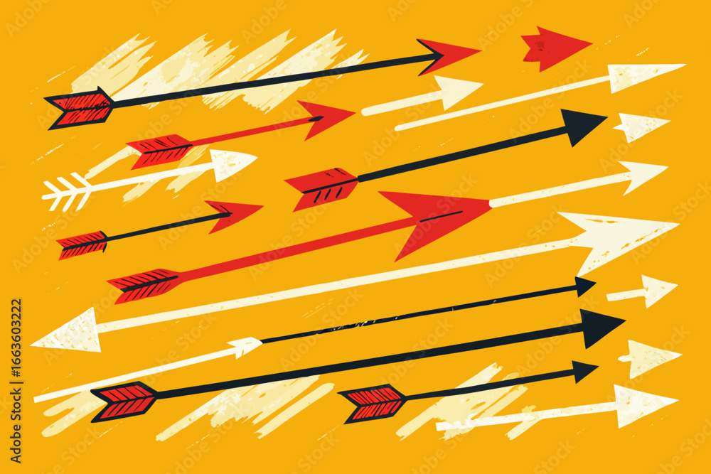 Poster dynamic arrows pointing forward representing direction and progress, bold colors and energetic desig