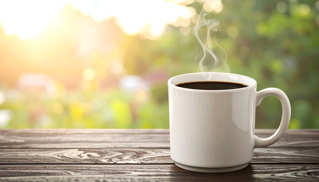 White Mug of Steaming Coffee on Wooden Table Outdoors in Sunny Garden