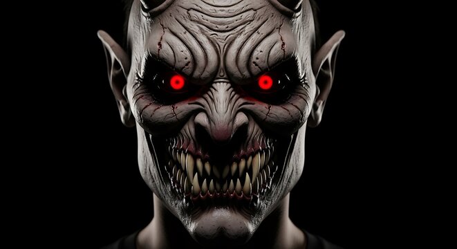 A terrifyingly detailed close-up portrait of a demonic creature with glowing red eyes and sharp fangs, set against a dark background. - Powered by Adobe