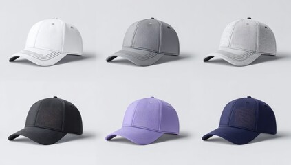 Six baseball caps in various colors on a light gray background