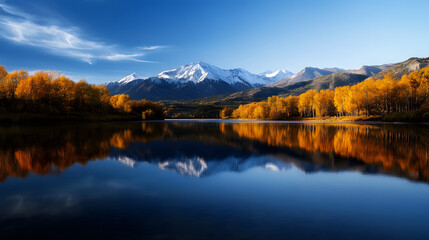 A serene lake surrounded by autumn-colored trees with distant snow-capped mountains reflecting on the water under a clear blue sky.