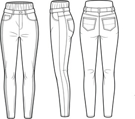 CAD drawing flat vector illustration of skinny jeans, front side and back views, detailed stitching, fashion sketch layout, denim pants design, stylish garment template, apparel mockup