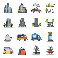 Iconic city illustrations showcasing buildings, roads, vehicles, and urban elements for modern design projects, offering a vibrant aesthetic for diverse creative needs