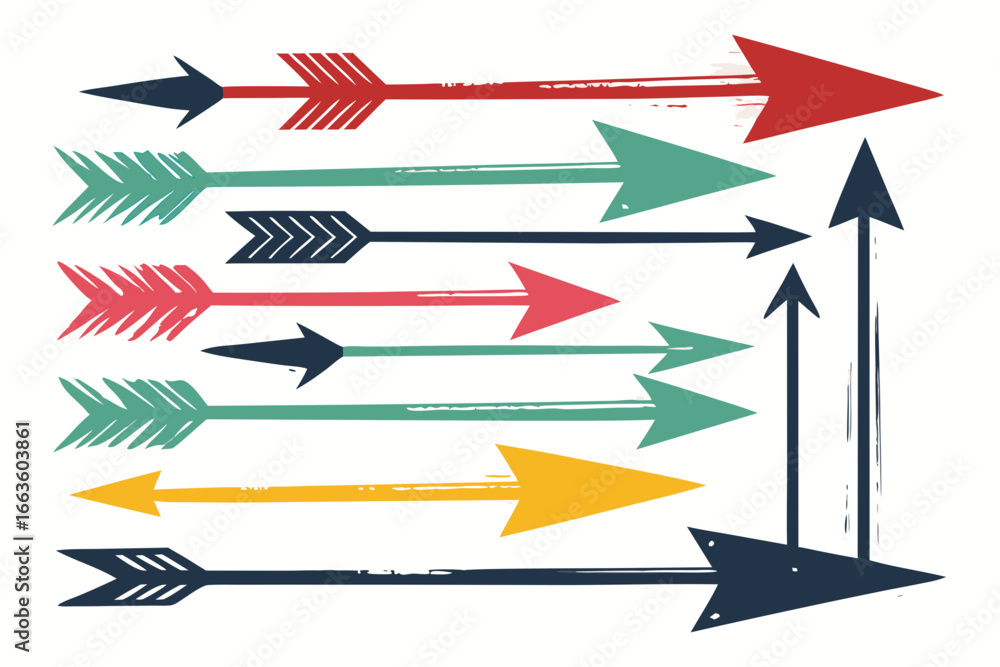 Poster whimsical arrows in vibrant colors, a playful design element, directional graphics for creative proj
