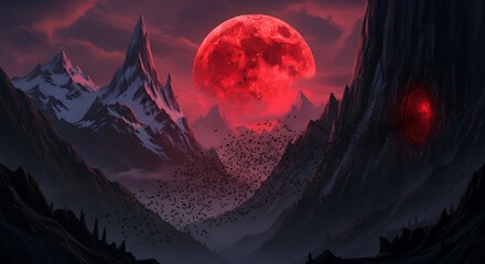 A dramatic and ominous red moon hangs in the dark, cloudy sky above jagged, snow-capped mountains.