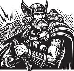 Fototapeta premium Illustration of Thor with his Hammer Mjolnir in a Black and White Style ready to strike