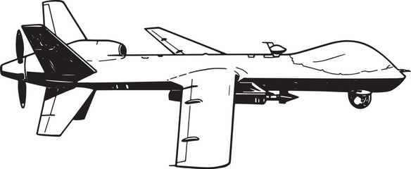 Illustrative depiction of MQ-9 Reaper drone in monochrome woodcu