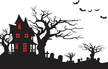 Halloween haunted house silhouette vector illustration for spooky season decorations and holiday designs