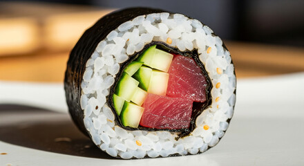 Close-up macro of a thick tuna and cucumber maki sushi roll