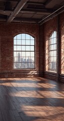 Empty loft space with city view.  Brick walls, large arched windows, hardwood floors. Sunlight streams in