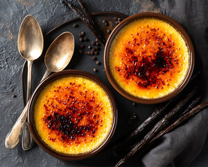 Traditional vanilla crème brûlée with caramelized sugar topping