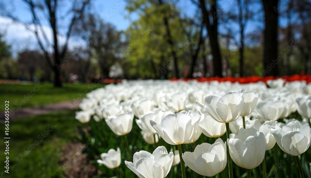 Poster a vibrant field of pristine white tulips, bathed in sunlight, fills the foreground, with a blurred b