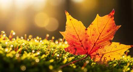 Bright orange maple leaf resting on green moss in soft, autumnal light.