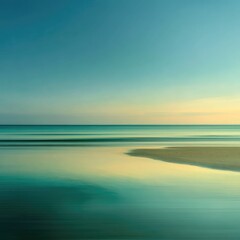 Seascape, soft focus, long exposure.  Tranquil, horizontal bands of turquoise and pale gold.  Gentle waves blurred into motion.  Peaceful beach scene