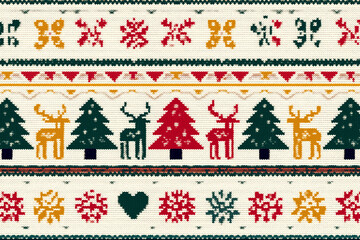 Warm Scandinavian Knitted Christmas Seamless Pattern with Reindeer and Trees
