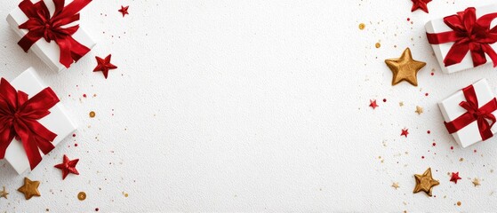 White background decorated with red and gold Christmas ornaments, gift boxes, and confetti