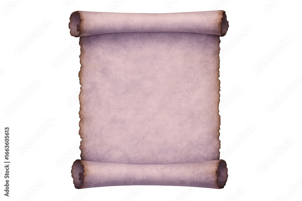 Poster rolled aged blank paper with burned edges isolated on transparent background, ideal for placing text