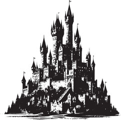 Fototapeta premium Detailed black and white illustration of a majestic fairytale castle on a hill with turrets