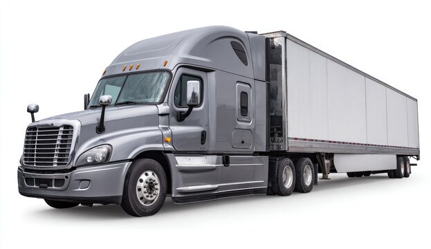 Gray semi-truck, cab-over,  cargo trailer, isolated on white