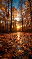 Ultra-Wide Autumn Forest Landscape with Golden Leaves, Sunset Glow, and Reflective Forest Floor
