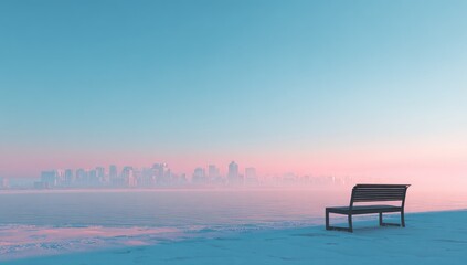 A solitary wooden bench sits on a snow-covered shore, facing a hazy cityscape at sunrise. Soft, pastel colors dominate the tranquil scene