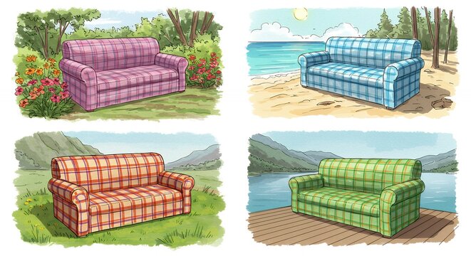 Colorful plaid sofas in diverse outdoor settings