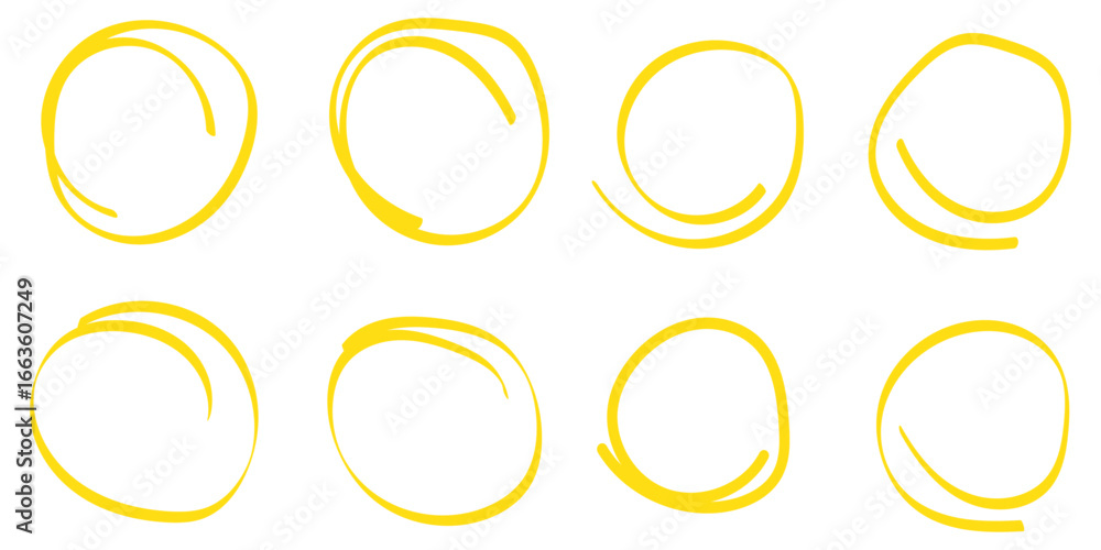 Poster hand drawn circle highlighter line sketch set. vector marker circular lines, doodle round circles fo