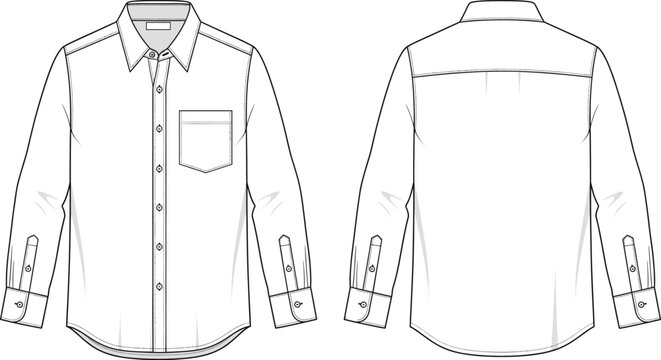 Long sleeve shirt vector flat sketch, front and back view, button-up collar design, fashion template with pocket, formal clothing mockup, technical apparel drawing