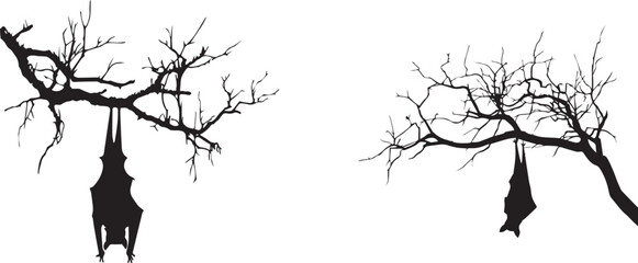 Bats hanging from tree branches silhouette vector illustration halloween spooky night scene design