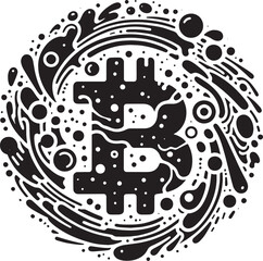 Naklejka premium Black and White Bitcoin Cryptocurrency Logo Design Surrounded by Abstract Swirling Elements